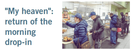 People line up at a cafeteria counter, with a sign reading “My heaven.”