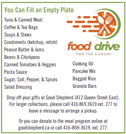 Flyer for "You Can Fill an Empty Plate" with Food Drive logo and list of food items.